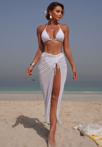 Solid Color Mesh Beach Cover-Up Three-Piece Bikini Swimsuit