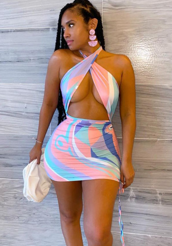 Women Summer Sexy Crossover Halter Neck Drawstring Dress