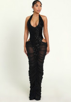 Women Autumn/Winter Sequin Patchwork Sexy Mesh See-Through Pleated Bodycon Dress