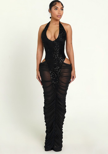 Women Autumn/Winter Sequin Patchwork Sexy Mesh See-Through Pleated Bodycon Dress