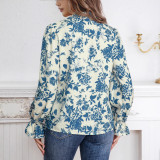 Spring / Autumn Women V-Neck Printed Bell Sleeve Loose Long Sleeve Shirt