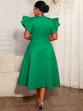 Women Plus Size Red Round Neck Cutout Flutter Sleeve Slim-Waist Chic Formal Midi Dress