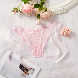 Lace Print Bow Lace-Up Sexy Breathable Thong Panty