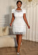 Women Plus Size White Fringe Jacquard Short Sleeve Formal Party Bodycon Mini Dress