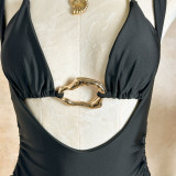 Women Solid Color Metal Detail Two-Piece Bikini Swimsuit