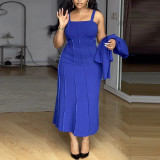 Women Plus Size Square Neck Strap Dress with Jacket Slim-Fit Chic Career Dress