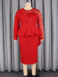 Women Plus Size Red Lace Long Sleeve Ruffle Slim-Waist Wedding Mother Dress