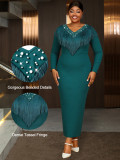 Women Plus Size Beaded Fringe V-Neck Long Sleeve Bodycon Maxi Formal Party Dress