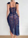 Lace Mesh Strap Dress Deep-V See-Through Seductive Night Dress