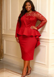 Women Plus Size Red Lace Long Sleeve Ruffle Slim-Waist Wedding Mother Dress