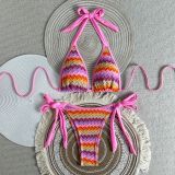 Women Striped Halter Neck Tie Two-Piece Bikini Swimsuit