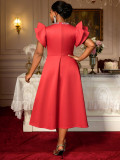 Women Plus Size Red Round Neck Cutout Flutter Sleeve Slim-Waist Chic Formal Midi Dress