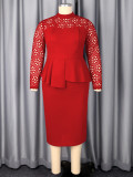 Women Plus Size Lace Ruffle Slim-Waist Wedding Guest Chic Career Dress