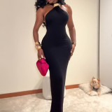 Women Summer Sleeveless Halter Neck Solid Dress