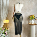 Solid Color Mesh Beach Cover-Up Three-Piece Bikini Swimsuit