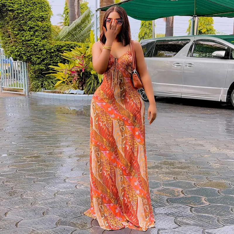 Women Printed Low-Back Strap Holiday Maxi Dress