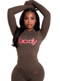 Women Leopard Print Letter Print Hooded Long-Sleeved Jacket Top + Printed Pants Two-Piece Set