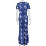 Women Chic Printed Slim-Fit Round Neck Short Sleeve Bodycon Dress