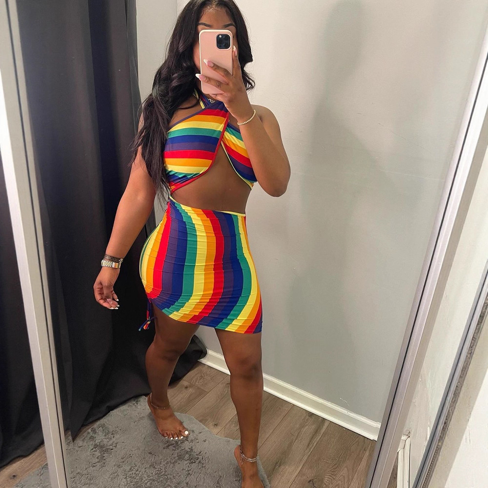 Women Summer Sexy Crossover Halter Neck Drawstring Dress