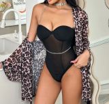 Sexy Black Bodysuit with Leopard Print Robe Two-Piece Lingerie Set