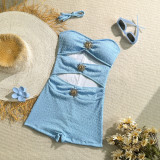 Women Solid Color Metal Detail Slim-Fit One-Piece Swimsuit
