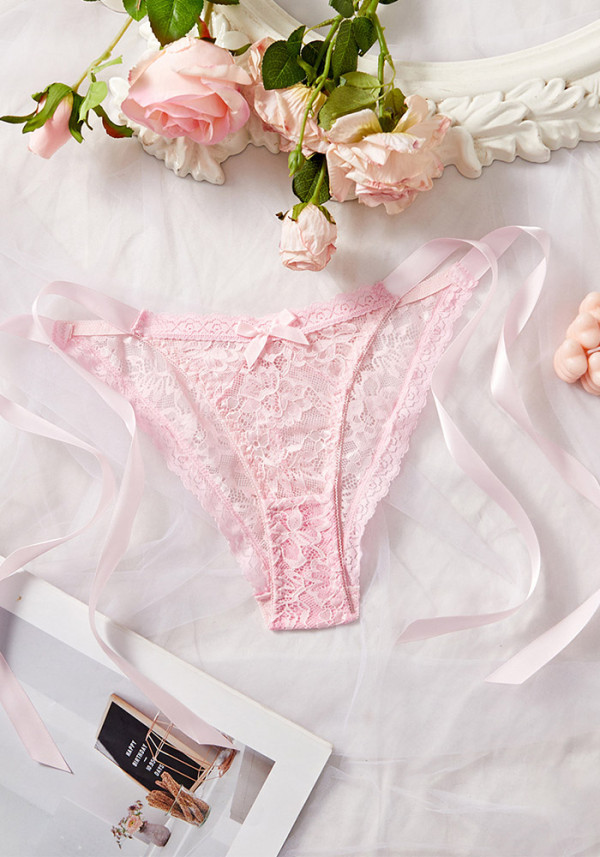 Lace Print Bow Lace-Up Sexy Breathable Thong Panty