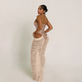 Women Autumn/Winter Sequin Patchwork Sexy Mesh See-Through Pleated Bodycon Dress