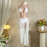 Solid Color Mesh Beach Cover-Up Three-Piece Bikini Swimsuit
