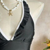 Women Solid Color Halter Neck Ruffle Tie One-Piece Swimsuit