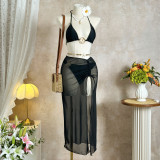 Solid Color Mesh Beach Cover-Up Three-Piece Bikini Swimsuit