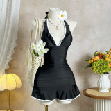 Women Solid Color Halter Neck Ruffle Tie One-Piece Swimsuit