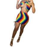 Women Summer Sexy Crossover Halter Neck Drawstring Dress