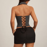 Women Halter Neck Summer Striped Bow Lace-Up Top