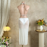 Solid Color Mesh Beach Cover-Up Three-Piece Bikini Swimsuit