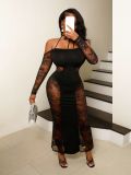 Women Spring / Summer Halter Neck Cutout Lace Long Sleeve Bodycon Dress