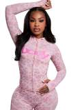 Women Leopard Print Letter Print Hooded Long-Sleeved Jacket Top + Printed Pants Two-Piece Set