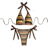 Women Striped Halter Neck Tie Two-Piece Bikini Swimsuit