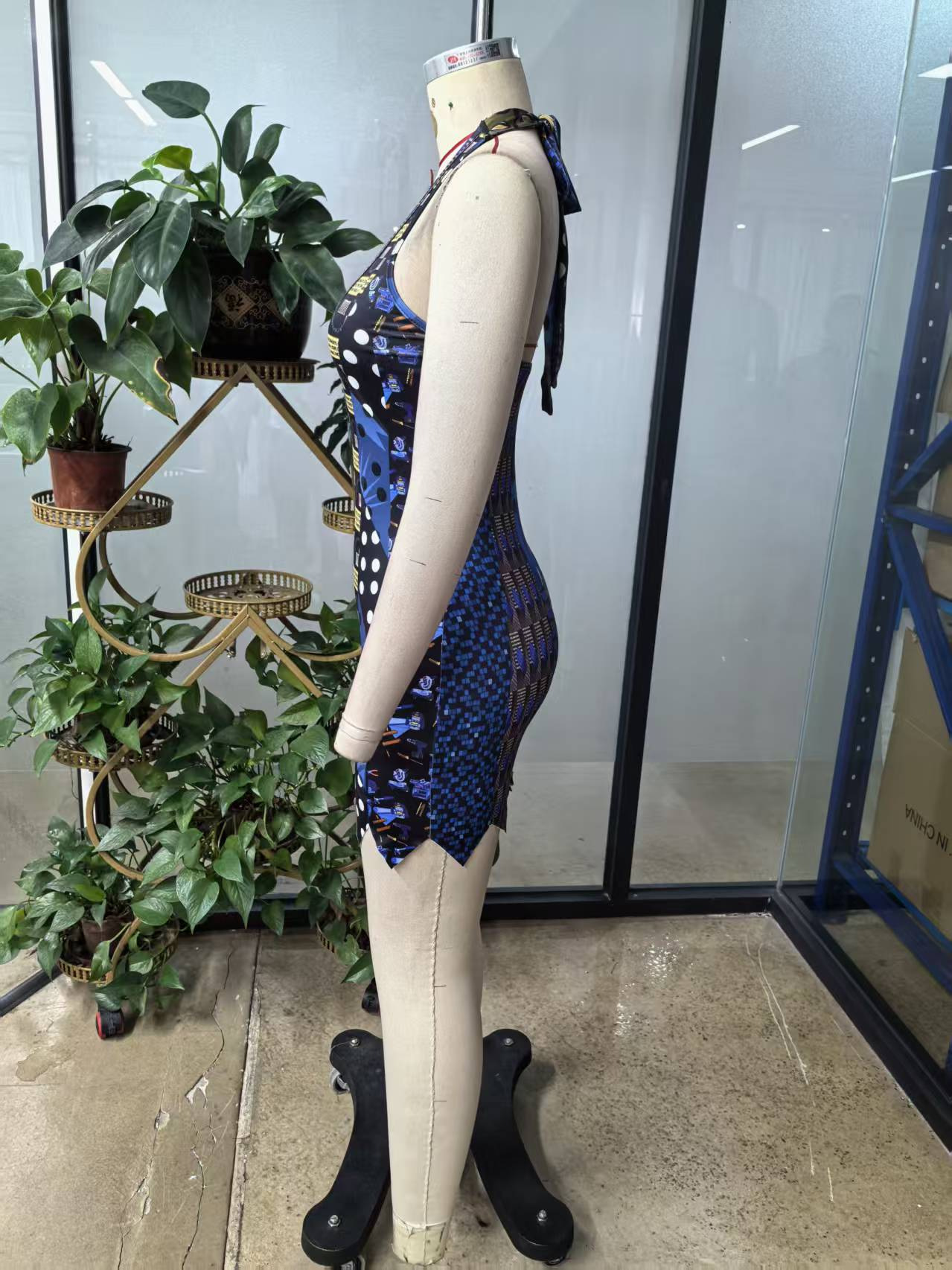 Women Halter Neck Sleeveless Bohemian Printed Irregular A-Line Dress