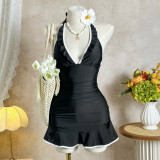 Women Solid Color Halter Neck Ruffle Tie One-Piece Swimsuit