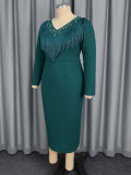 Women Plus Size Beaded Fringe V-Neck Long Sleeve Bodycon Maxi Formal Party Dress
