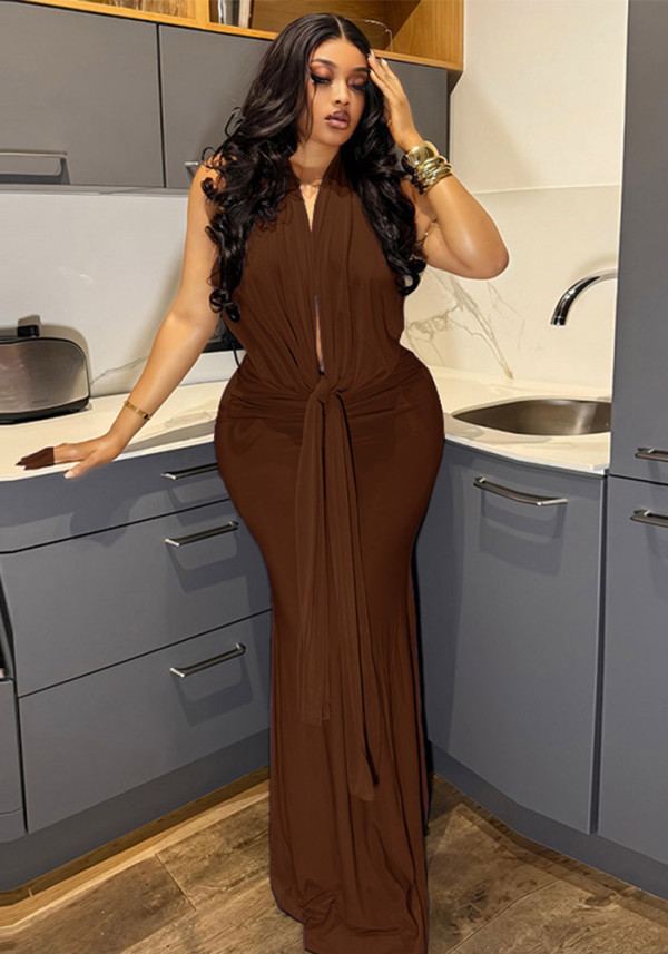Women Slim-Waist Ruched Lace-Up Halter Neck Low-Back Maxi Dress
