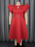 Women Plus Size Red Round Neck Cutout Flutter Sleeve Slim-Waist Chic Formal Midi Dress