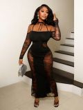 Women Spring / Summer Halter Neck Cutout Lace Long Sleeve Bodycon Dress