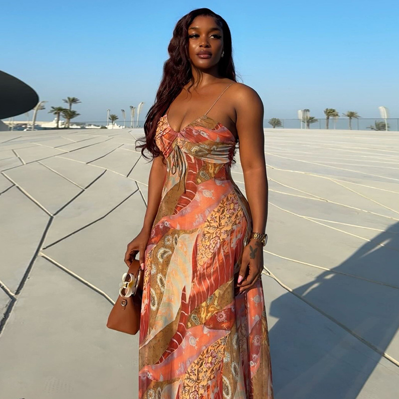 Women Printed Low-Back Strap Holiday Maxi Dress
