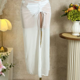 Solid Color Mesh Beach Cover-Up Three-Piece Bikini Swimsuit