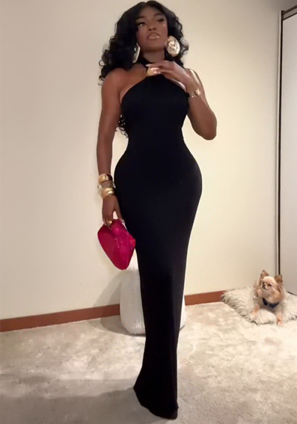 Women Summer Sleeveless Halter Neck Solid Dress