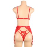 Plus Size Sexy Deep-V Open-Back Garter Three-Piece Lingerie Set