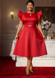 Women Plus Size Red Round Neck Cutout Flutter Sleeve Slim-Waist Chic Formal Midi Dress