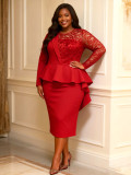 Women Plus Size Red Lace Long Sleeve Ruffle Slim-Waist Wedding Mother Dress