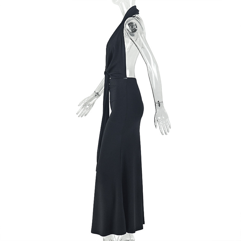 Women Slim-Waist Ruched Lace-Up Halter Neck Low-Back Maxi Dress